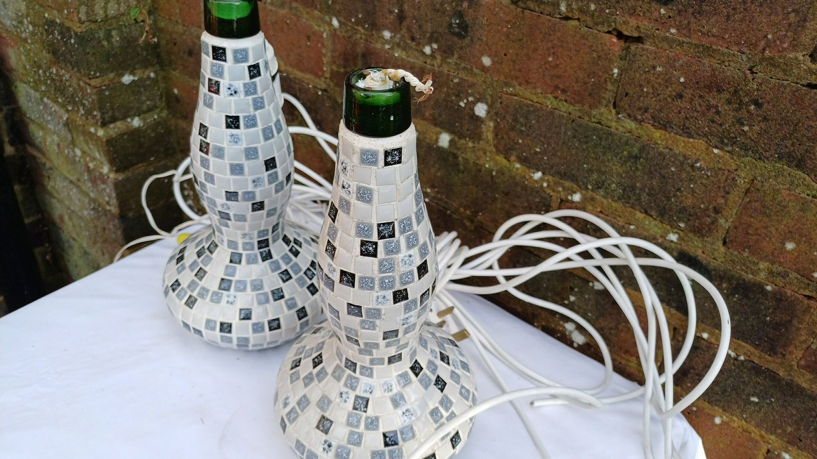 Superb Pair Of Mosaic On Glass Bottle Handmade Bedside Lamps. Great Condition. Lots Of Flex But Need Rewiring. Black White Grey.. photo buy