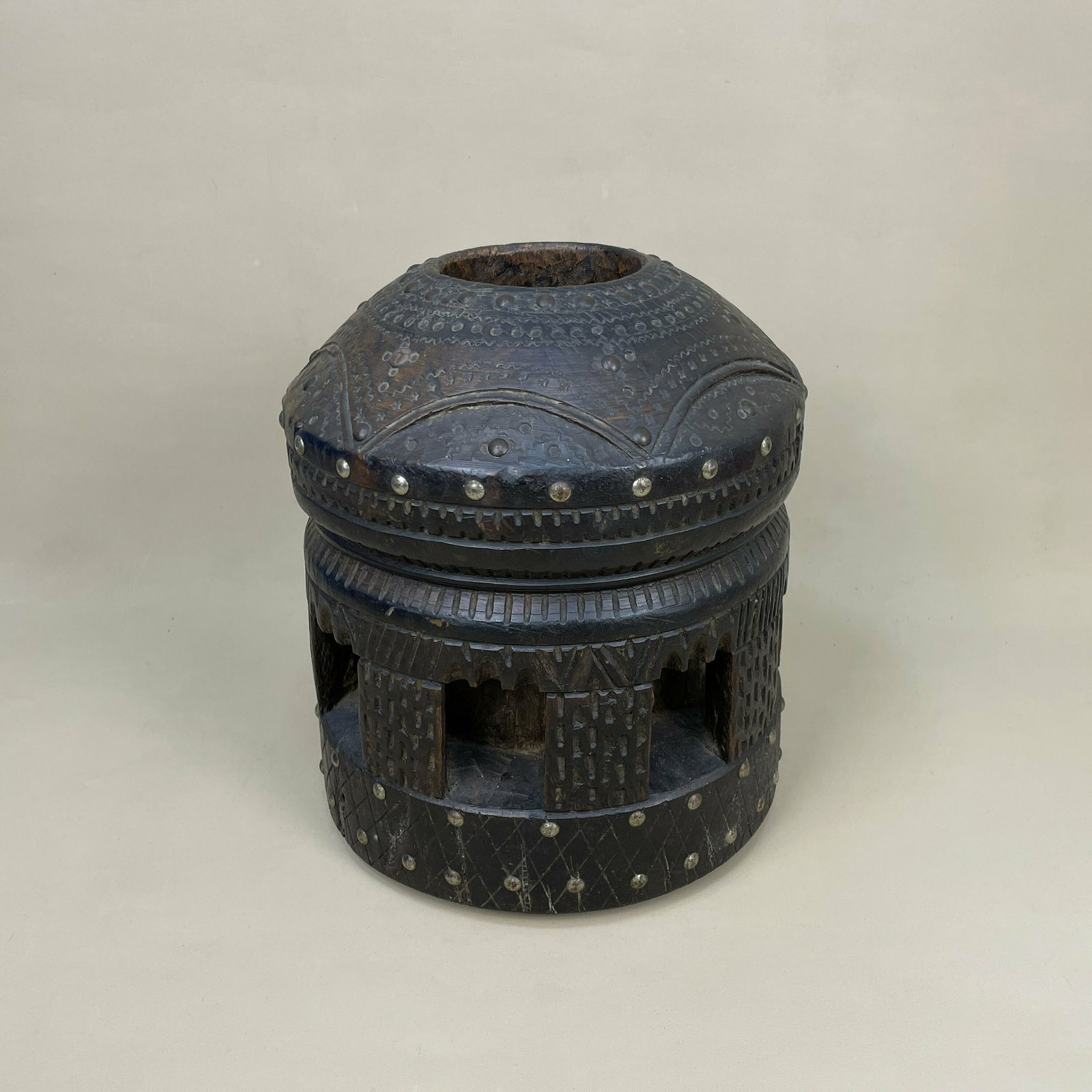 Antique Wooden Ethnic African Bedouin Coffee Grinder Pestle Mehbash Tribe Studded Decorative Ornament Rare Tribal Africa Wood Crusher
