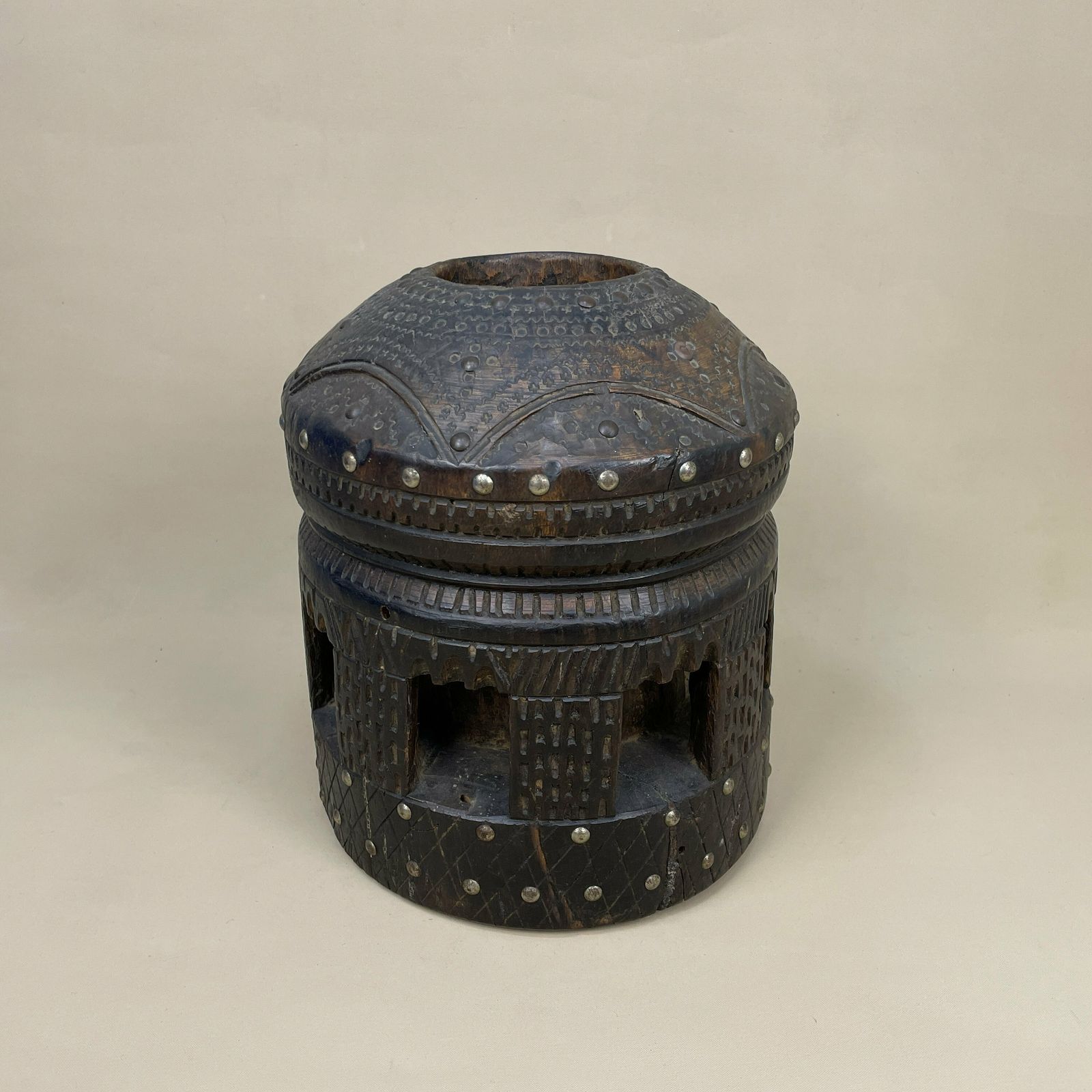 photo furniture Antique Wooden Ethnic African Bedouin Coffee Grinder Pestle Mehbash Tribe Studded Decorative Ornament Rare Tribal Africa Wood Crusher