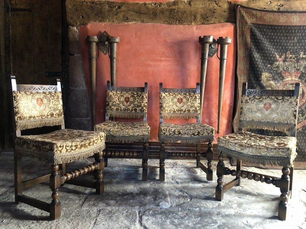 Beautiful Antique Victorian Style Oak Barley Twist Vintage Upholstered Velvet Cut Fleur De Lys Green Gold Stone Red Fringed Chairs X 4 photo for sale