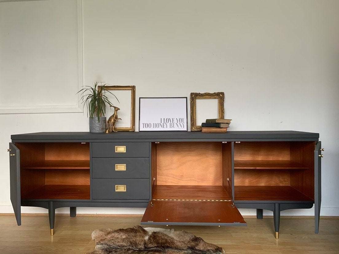 Professionally Spray Painted Dark Grey And Gold Thomas & Greaves 7ft Wooden Sideboard photo for sale