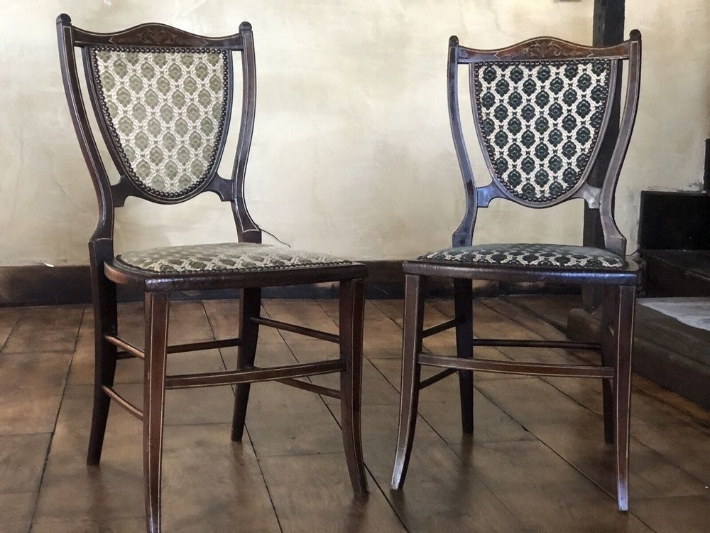 Pair Of Edwardian Mahogany & Boxwood Inlaid Period Vintage Green Teal Damask Shield Occasional Hall Bedroom Chairs X 2