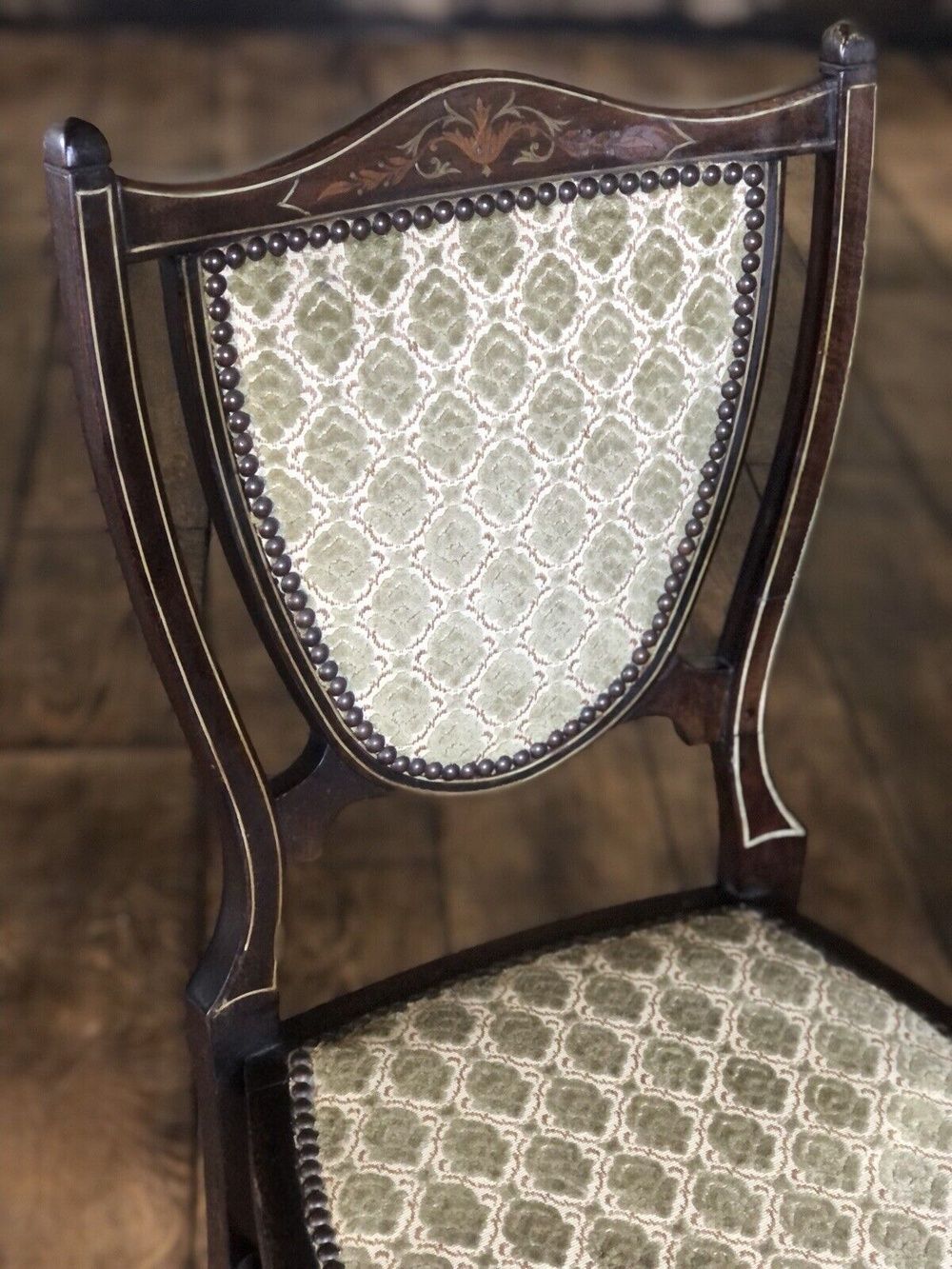 Pair Of Edwardian Mahogany & Boxwood Inlaid Period Vintage Green Teal Damask Shield Occasional Hall Bedroom Chairs X 2 photo furniture