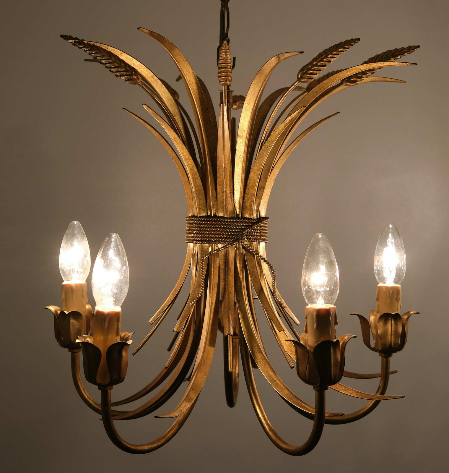 Pair Gilded Brass Wheat Sheaf Chandeliers Italy 1970s photo Lighting