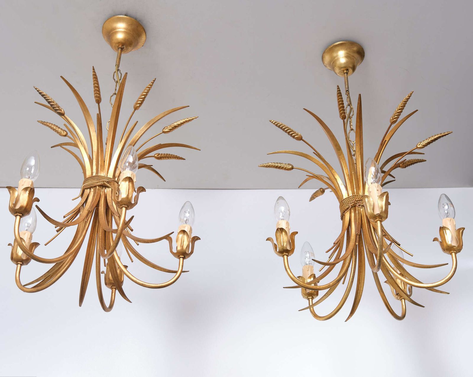 Pair Gilded Brass Wheat Sheaf Chandeliers Italy 1970s photo buy
