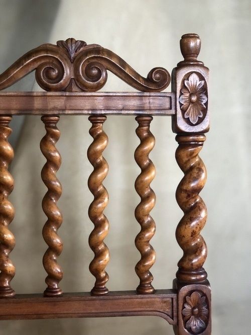 Charming Victorian Rustic Burr Walnut Barley Twist Burgandy Beige Black Occasional Hall Chair photo for sale