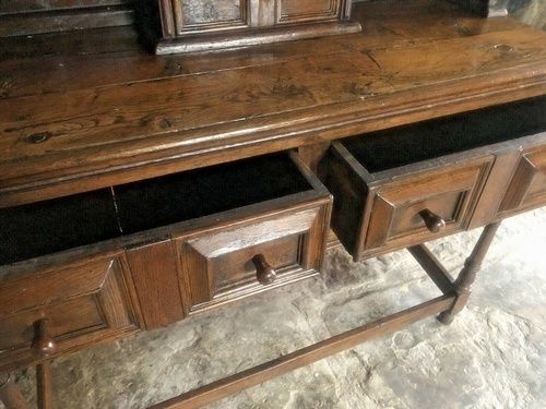 Antique Oak Rustic Farmhouse Kitchen Console Table Jacobean Revival Sideboard Dresser Plate Rack Early 1900's photo Furniture