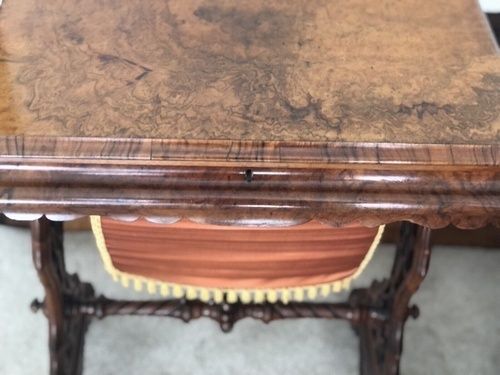 Harrods Exceptional Fine Quality Original Marquetry Antique Walnut Burr Lady (Of The House) Sewing Work Table Side 1850 Circa photo vinterior