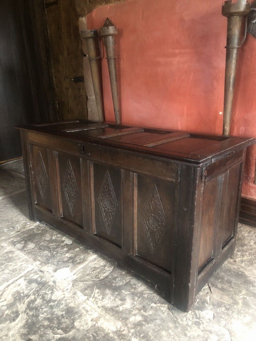 Very Heavy Rare Large Original Hand Carved English Oak Antique Trunk Chest Coffer 1600's photo furniture