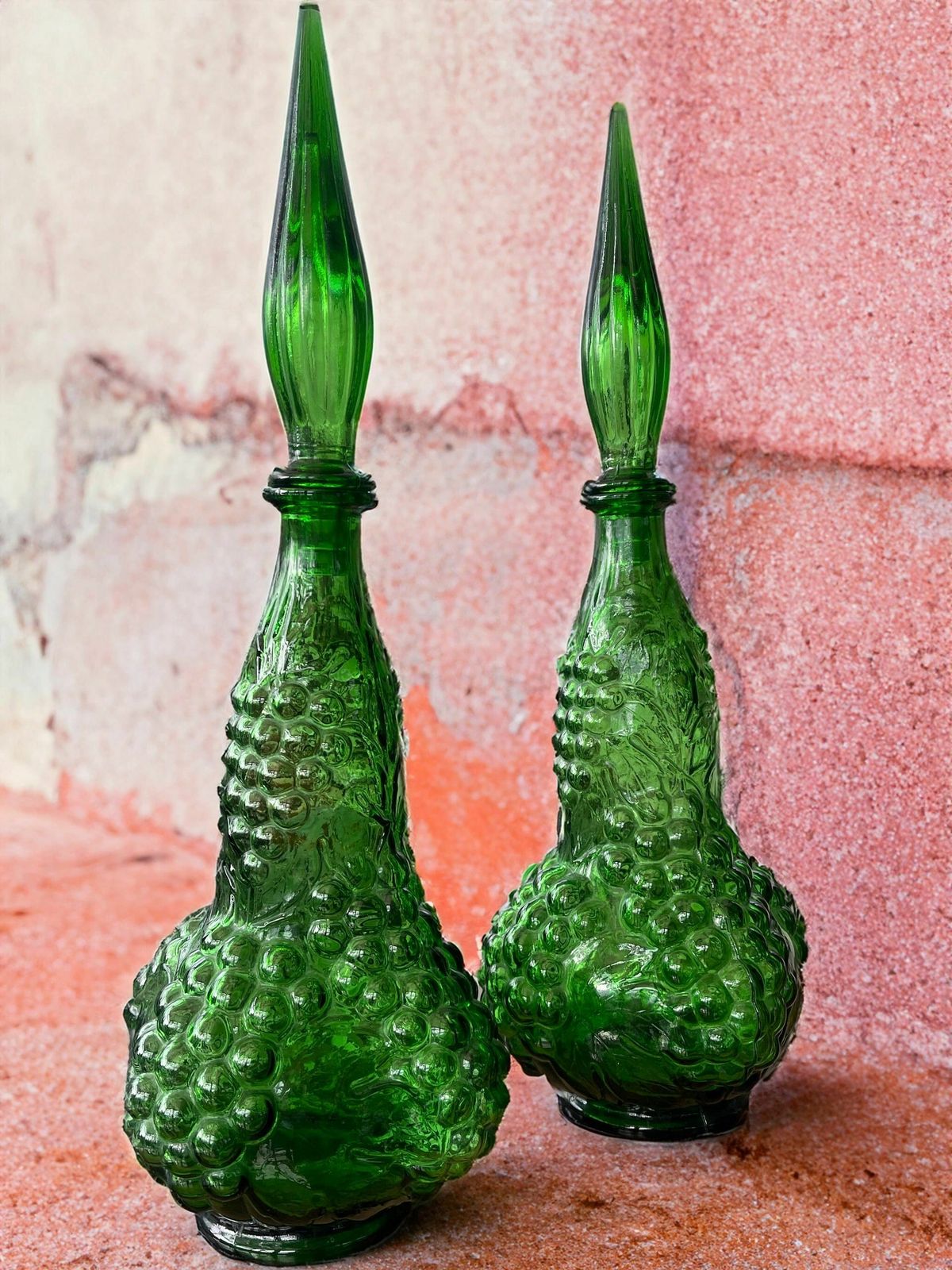 Pair Of Italian Empoli Emerald Green Grape Design Glass Genie Decanter Bottles photo furniture