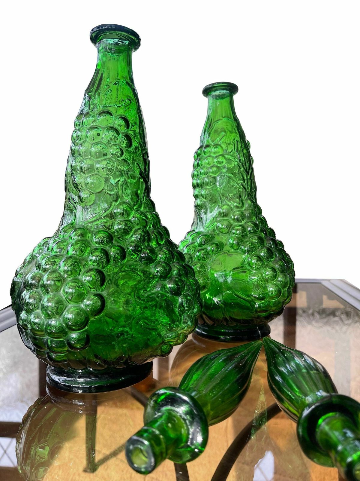 Pair Of Italian Empoli Emerald Green Grape Design Glass Genie Decanter Bottles photo Home Decor