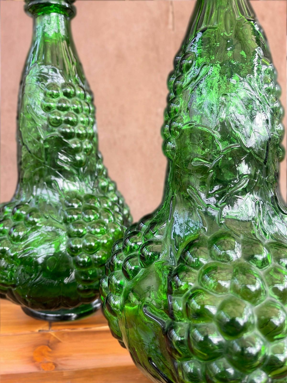 Pair Of Italian Empoli Emerald Green Grape Design Glass Genie Decanter Bottles photo 249.0