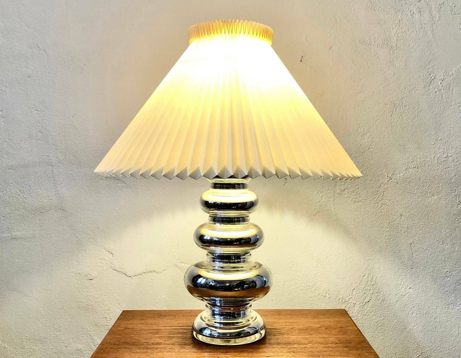 Exclusive Large Danish Mid Century Modern Table Lamp In Silver Glass With Large Vintage Original Le Klint Beige Pleated Shade
