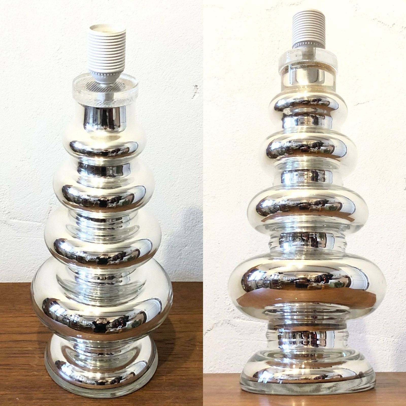 Exclusive Large Danish Mid Century Modern Table Lamp In Silver Glass With Large Vintage Original Le Klint Beige Pleated Shade photo 430.0