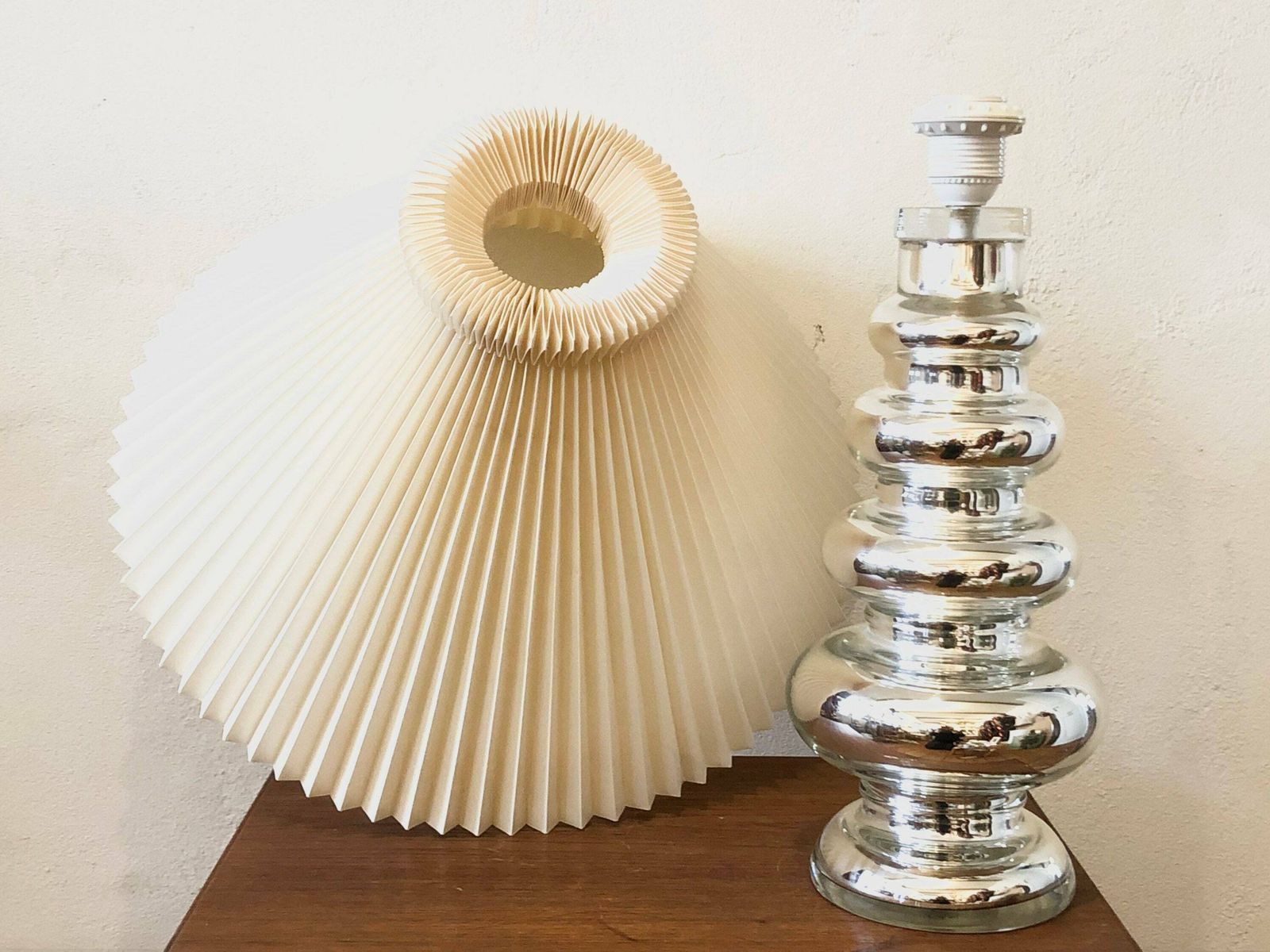 Exclusive Large Danish Mid Century Modern Table Lamp In Silver Glass With Large Vintage Original Le Klint Beige Pleated Shade photo vinterior
