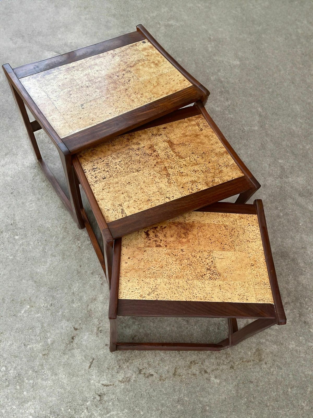 Mid Century Gplan Vintage Trio Of Nesting Tables With Retro Cork Effect Patina Inserts