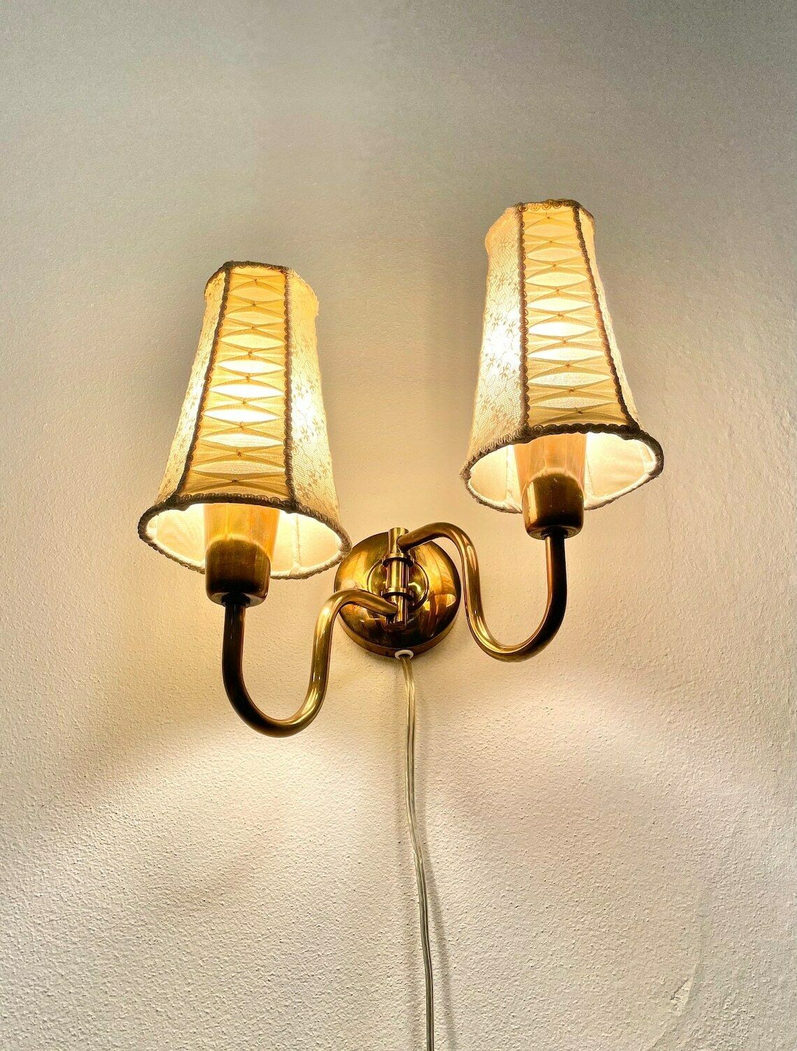 Danish Mid Century Design Brass Wall Lamp With Double Sockets And Organic Expression With Cute Vintage Fabric Shades photo 154.0