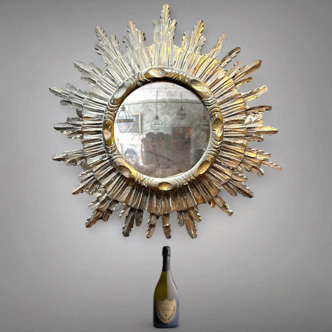 Early Antique Midcentury Hand Carved Spanish Giltwood & Gesso Convex “Sunburst” Mirror Of Rare Large Scale With Foxed Convex Mirror Plate Circa 1870 photo for sale