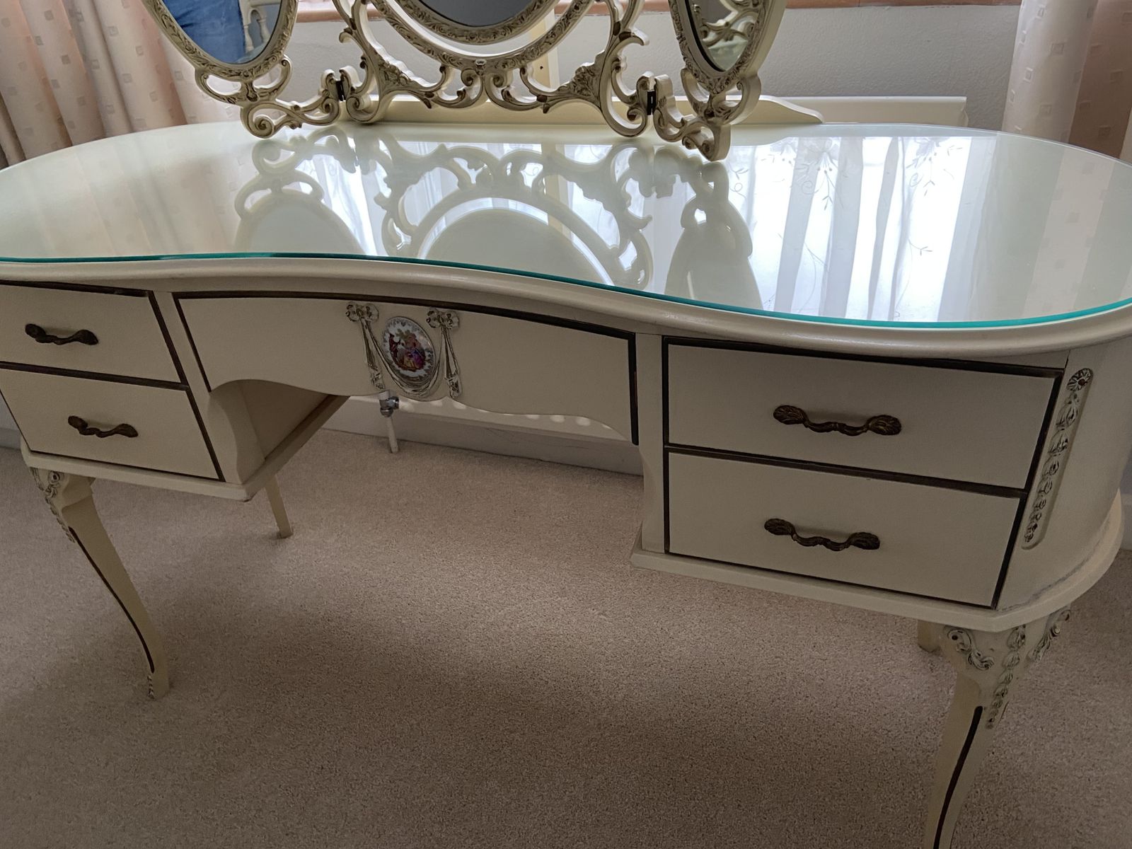 French Style Cream Coloured 1970s Dressing Table With Matching 3 Mirrors. Glass Covering. Excellent Condition. Bought New By Current Owner photo furniture