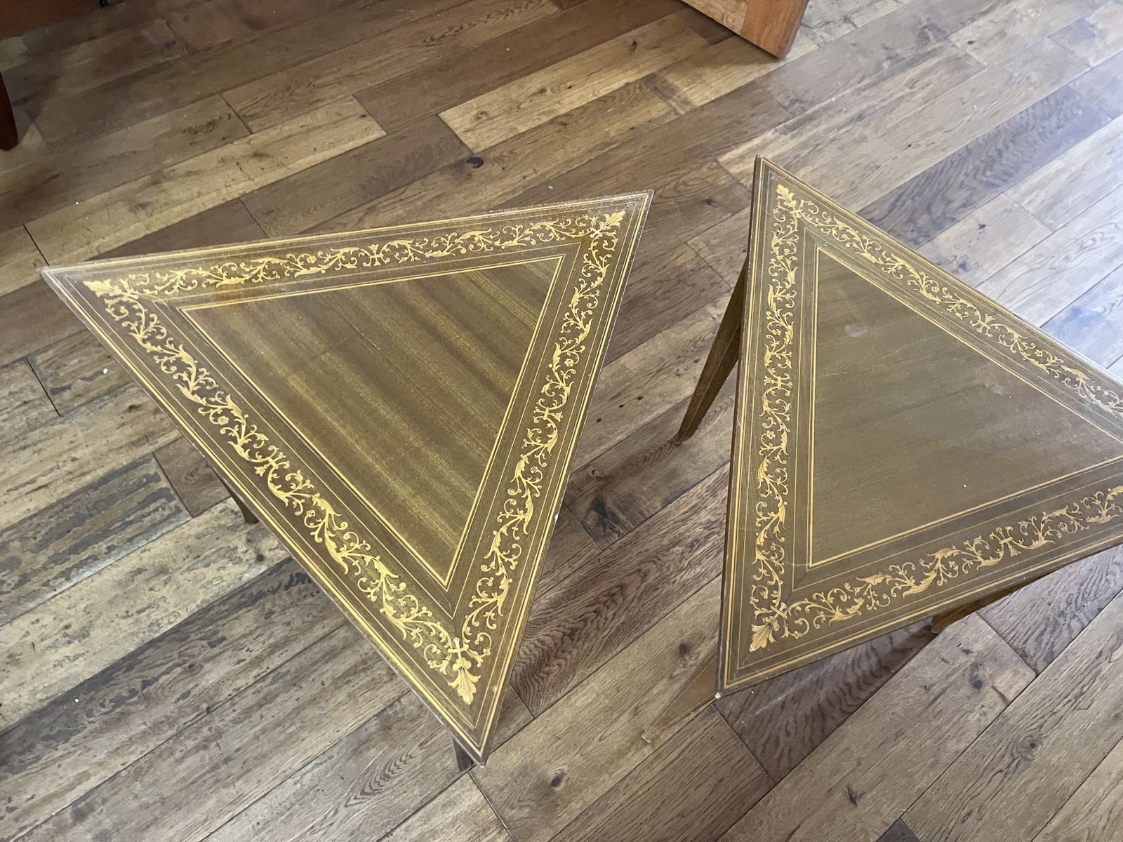 Set Italian Inlay Marquetry Pair Of 2 Side Tables Walnut photo vintage