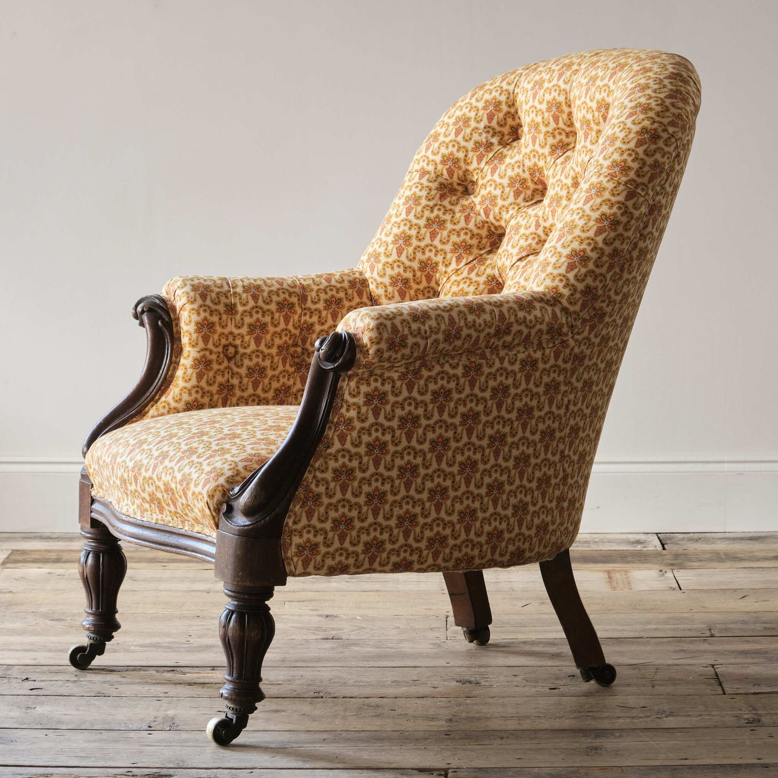 photo for sale 19th Century Buttoned Back Tub Armchair In Vintage French Cotton