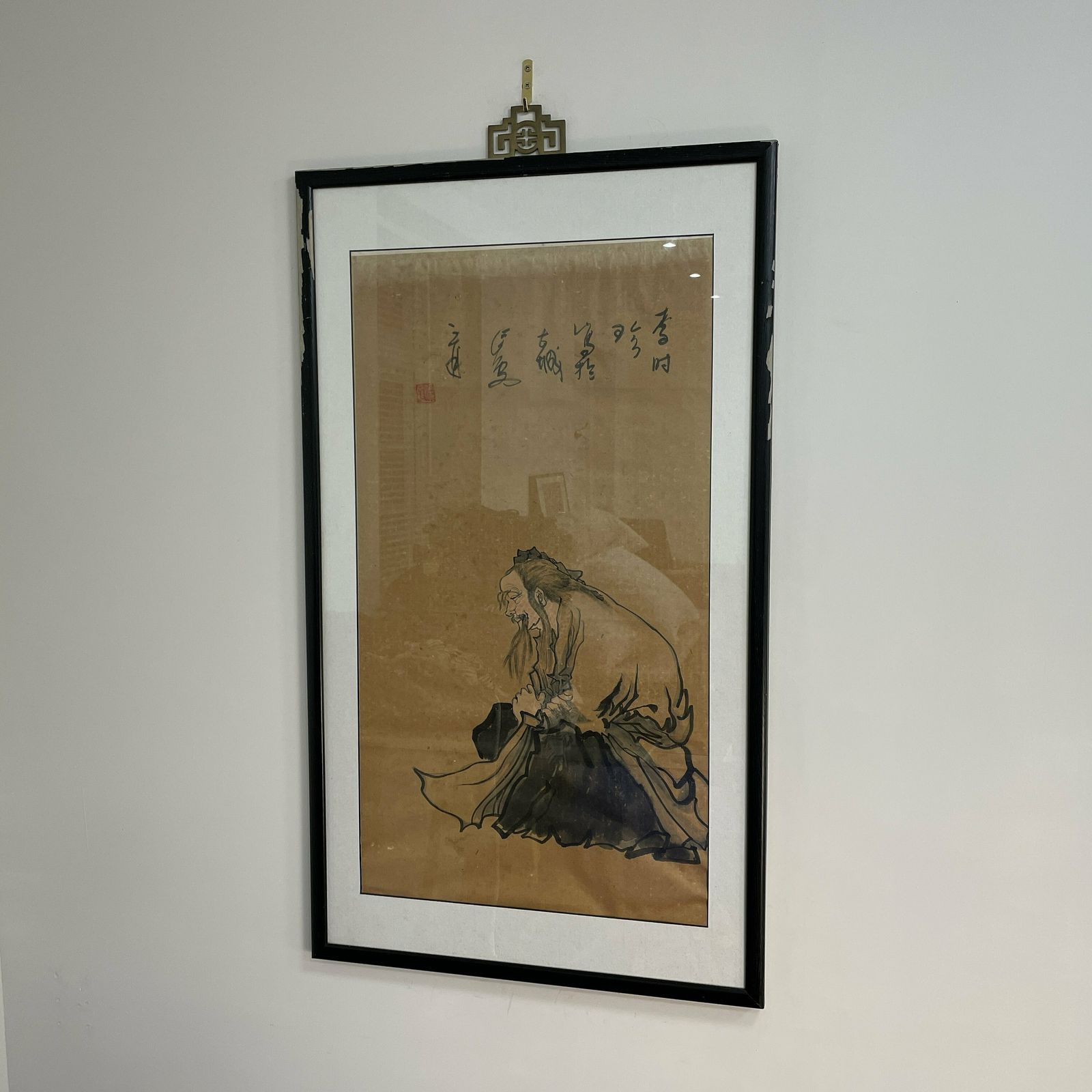 Antique Large Japanese Oriental Art Hand Painted Symbols 100x58.5cm Picture Wood Black Frame Framed Gold Original Art Work Rectangle photo vintage