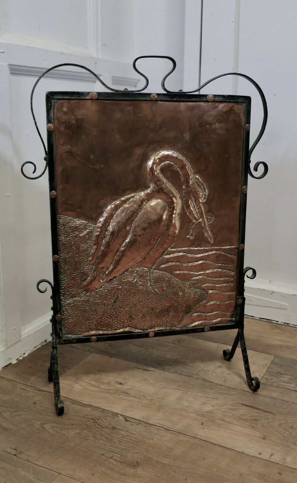 Arts And Crafts Stork And Fish Copper And Iron Fire Screen photo 690.0
