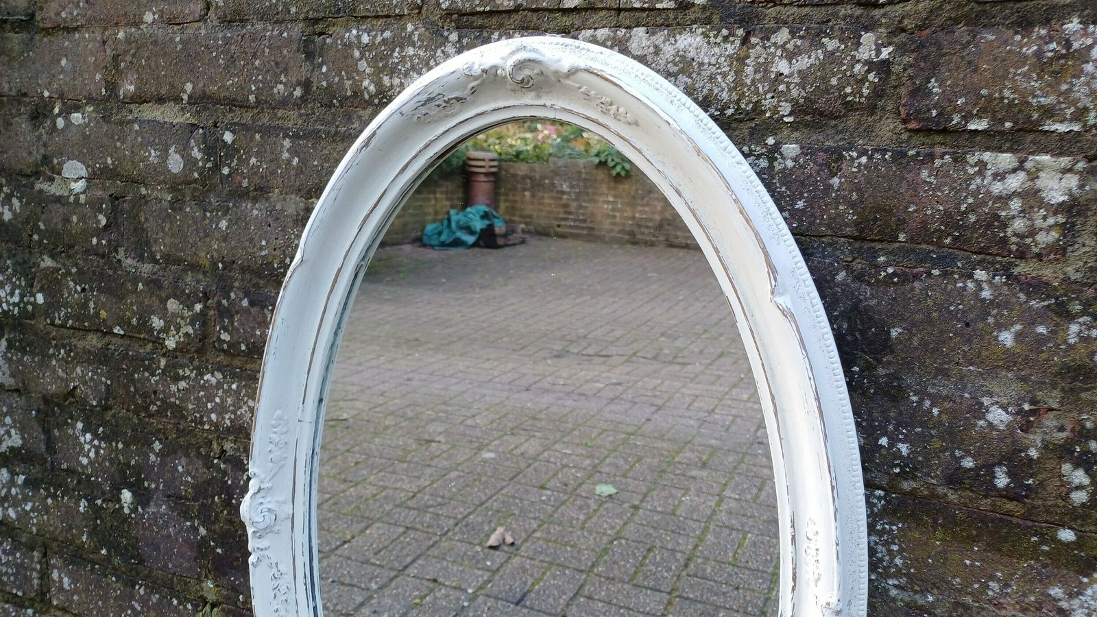 Large Bespoke Painted Oval Shabby Chic Wall Mirror In Farrow And Ball With Gold Decoration. photo for sale