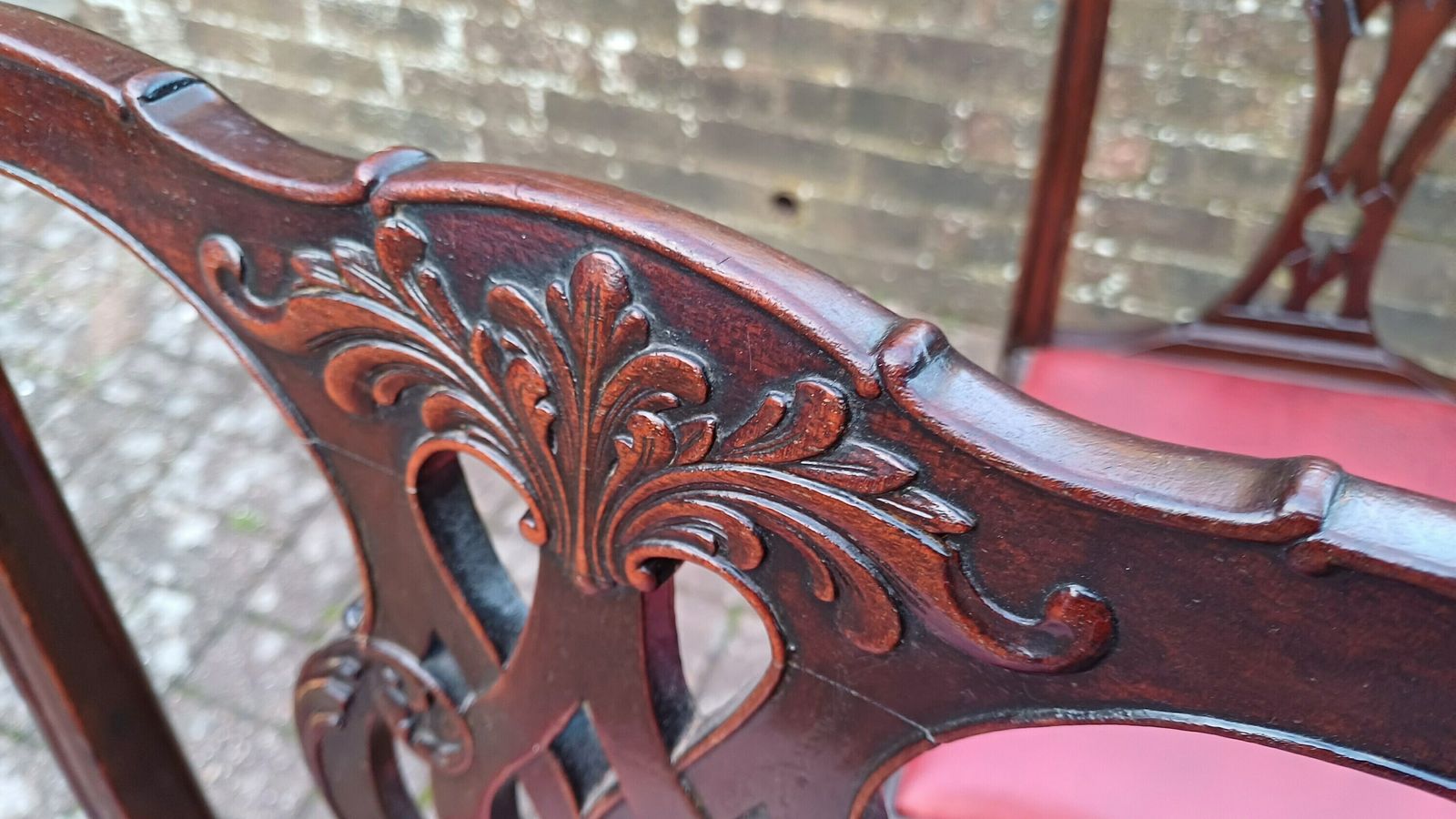 photo for sale Pair Of Vintage Late Victorian Carved Mahogany Chairs Red Leatherette Seats.