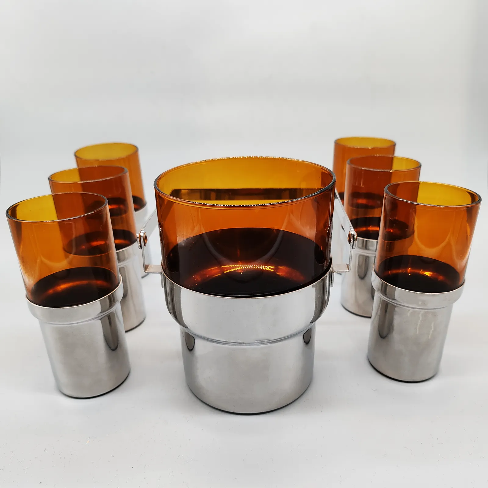 Glass And Metal Set With Ice Bucket And 6 Glasses By Pran   1970s