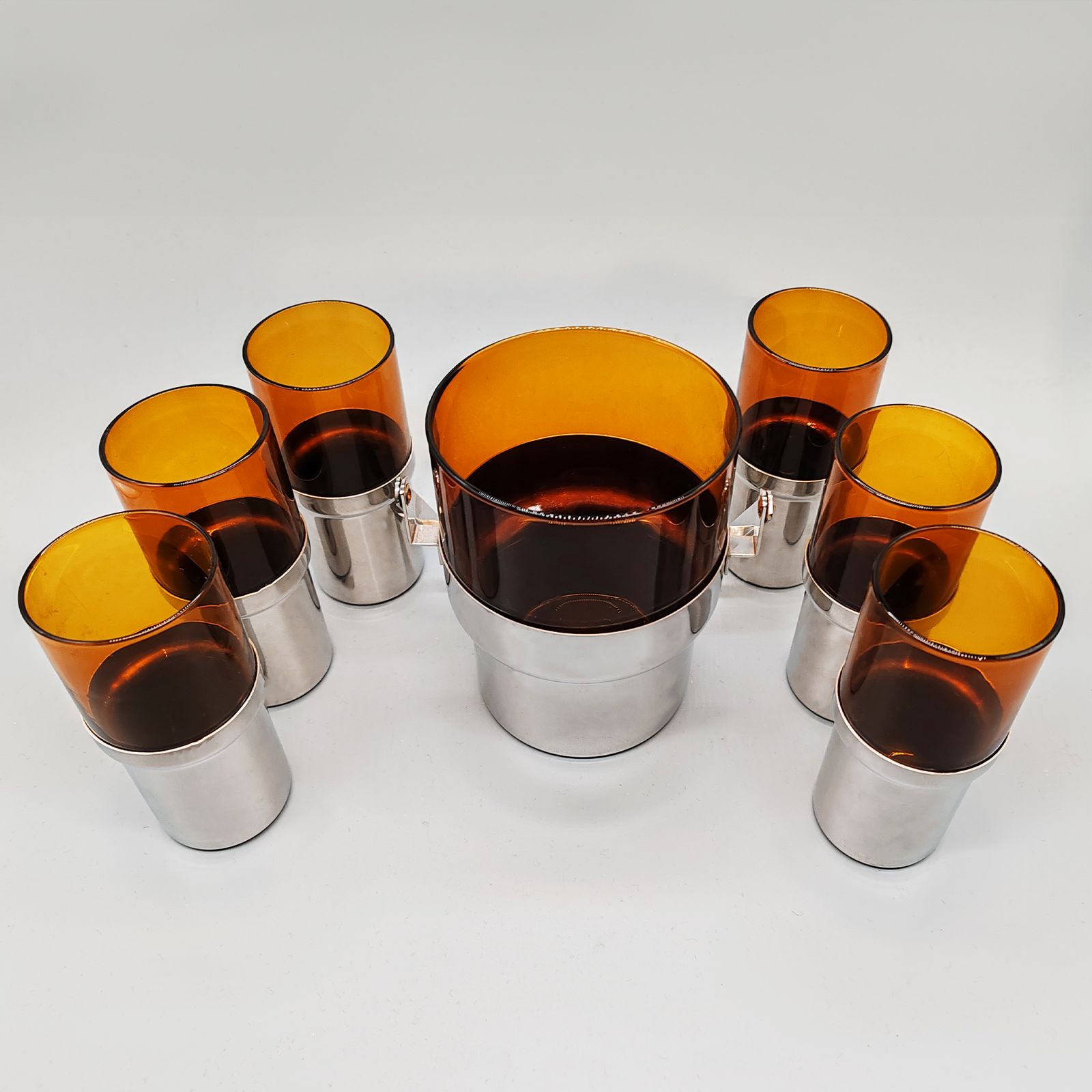 Glass And Metal Set With Ice Bucket And 6 Glasses By Pran   1970s photo Home Decor