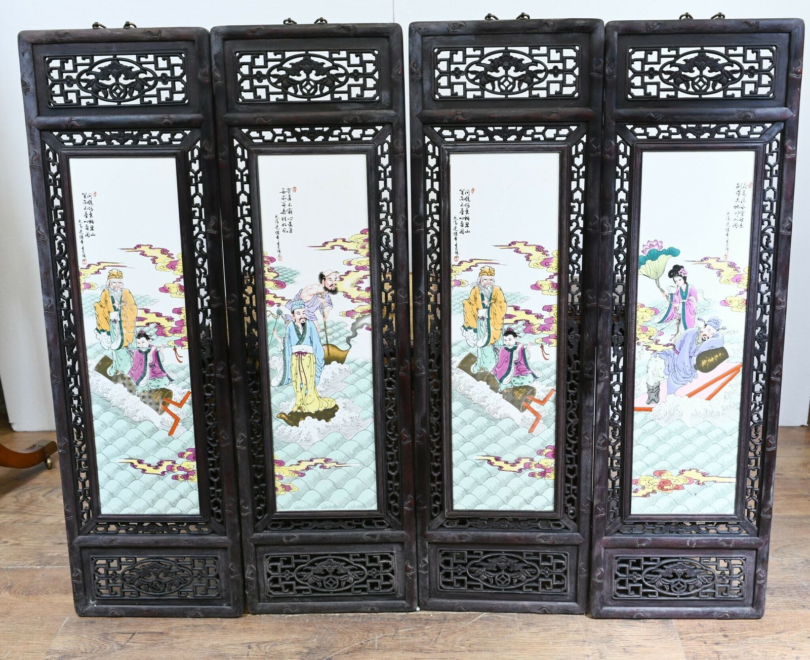 Set Chinese Porcelain Plaques Painted Screens Famille Rose