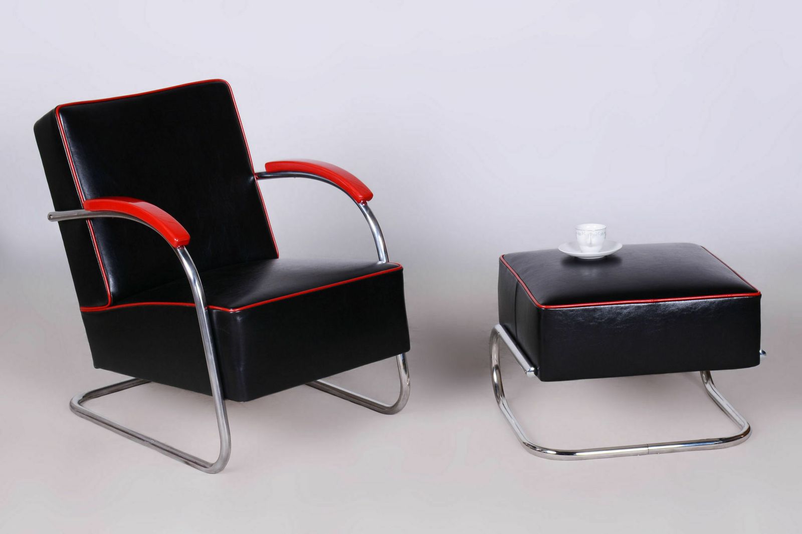Restored Bauhaus Armchair With Footstool, By Mücke Melder, Steel, Czech, 1930s photo Furniture