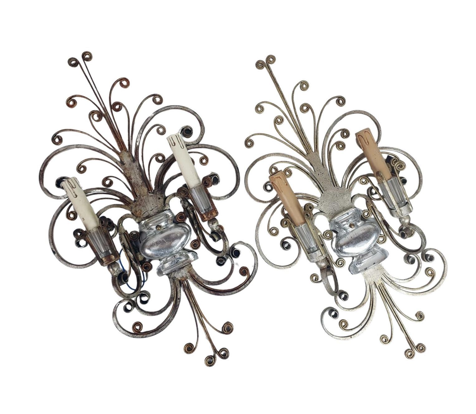 Pair Of Silver Wrought Iron And Glass Wall Lights By Banci, Italy, 1940s