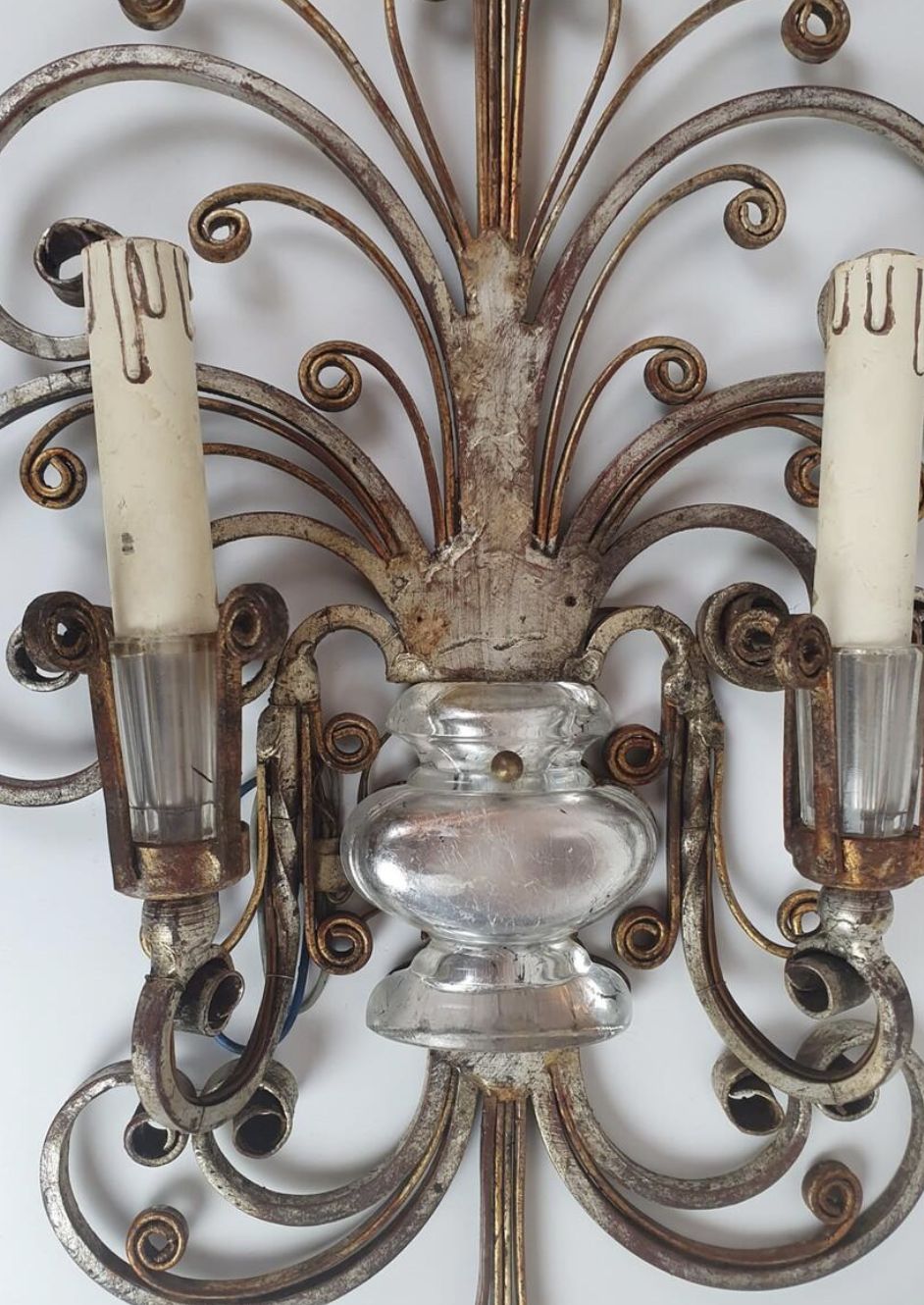 Pair Of Silver Wrought Iron And Glass Wall Lights By Banci, Italy, 1940s photo Lighting
