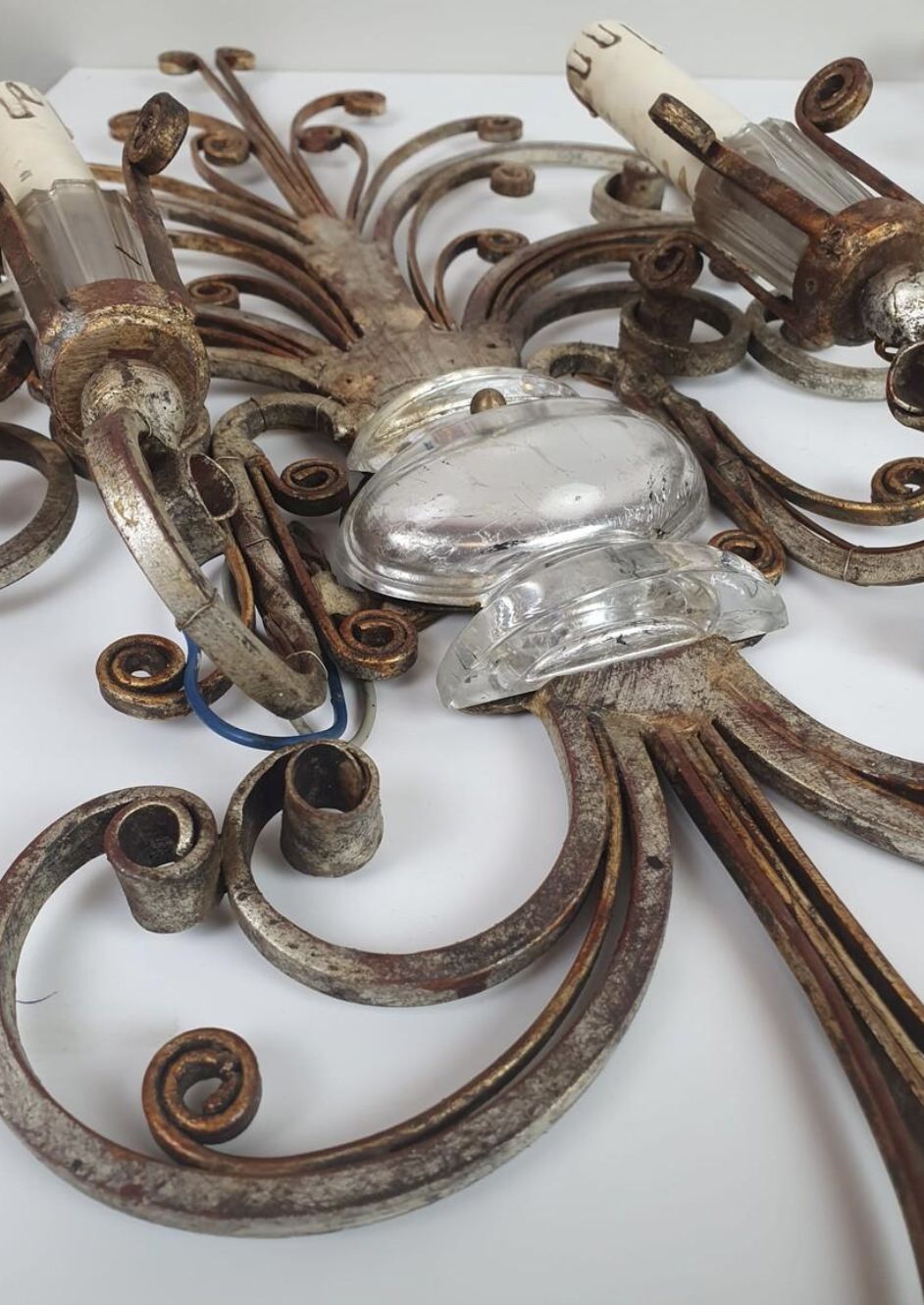 Pair Of Silver Wrought Iron And Glass Wall Lights By Banci, Italy, 1940s photo vinterior