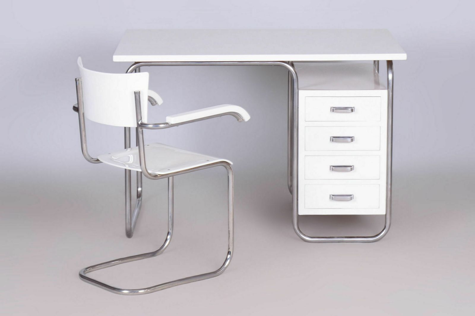 Restored Bauhaus Writing Desk With Chair, Chrome, Steel, Wood, Czech, 1930s photo furniture