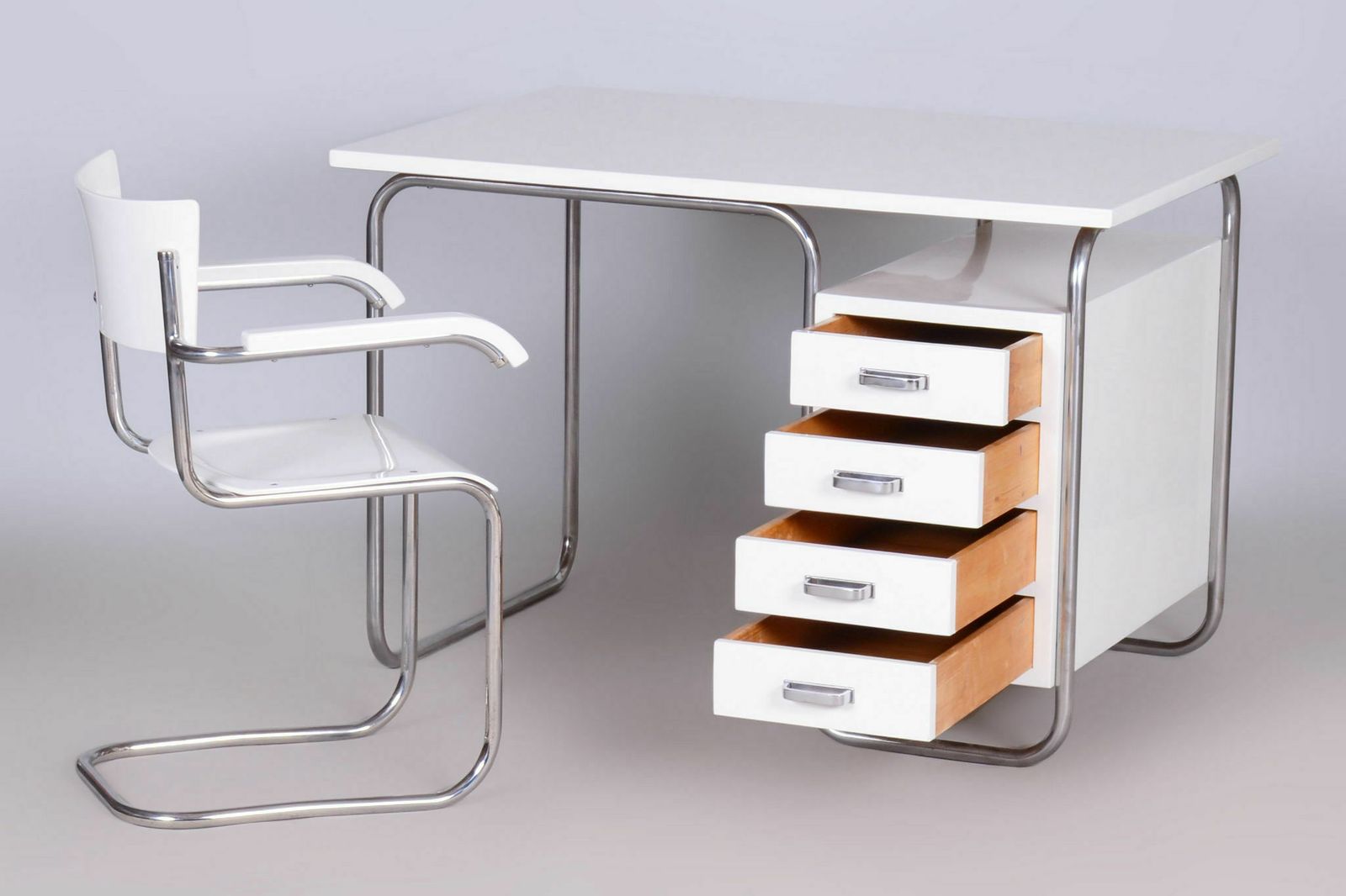 Restored Bauhaus Writing Desk With Chair, Chrome, Steel, Wood, Czech, 1930s photo 2450.0
