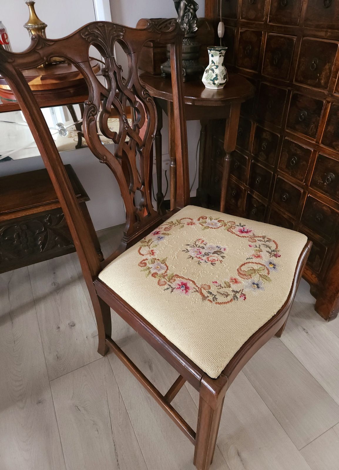 Antique Chippendale Style Mahogany Chair With Tapestry Wool Seat photo 149.0