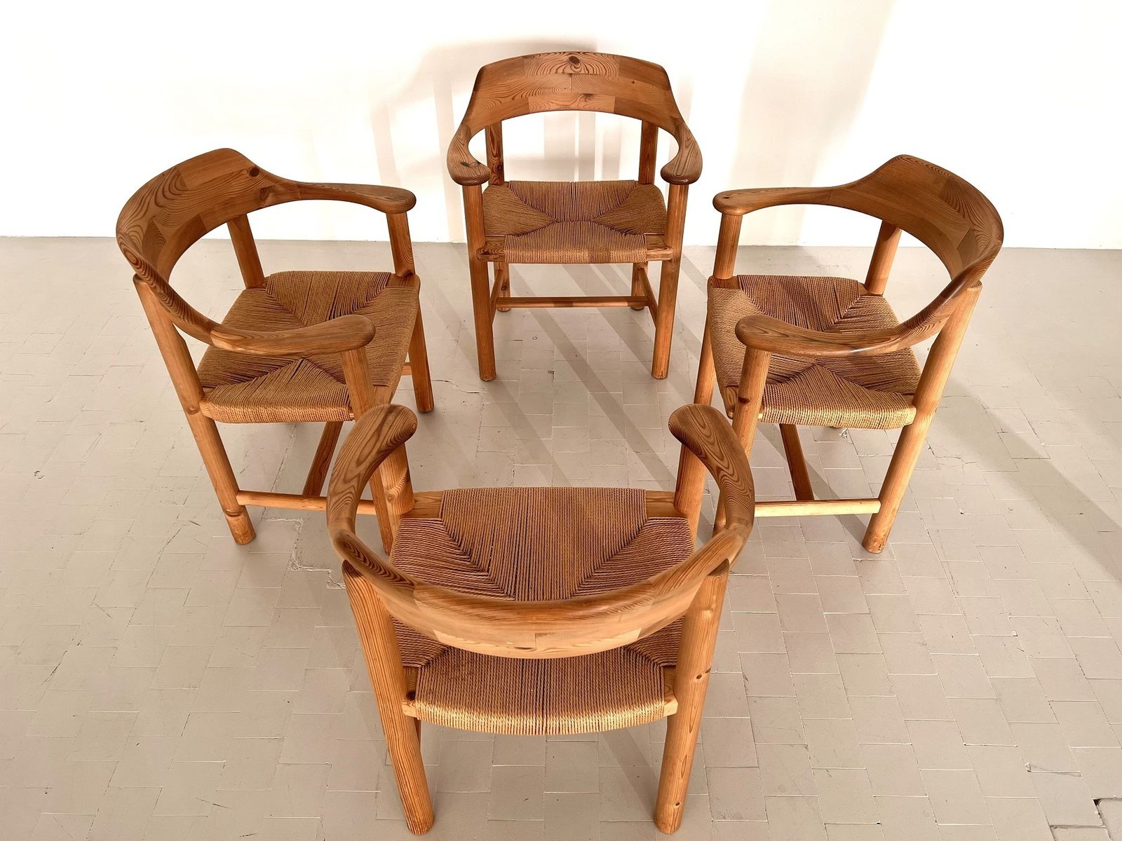 photo for sale Rainer Daumiller Dining Chairs In Pine And Paper Cord, 1970s