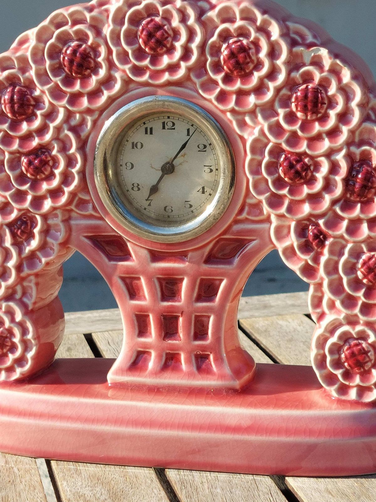 French Art Nouveau / Majolica Floral Dresser Mantel Clock / Esdeve Sarreguemines Mantel Clock / Art Nouveau / France / 1890 1919 photo for sale