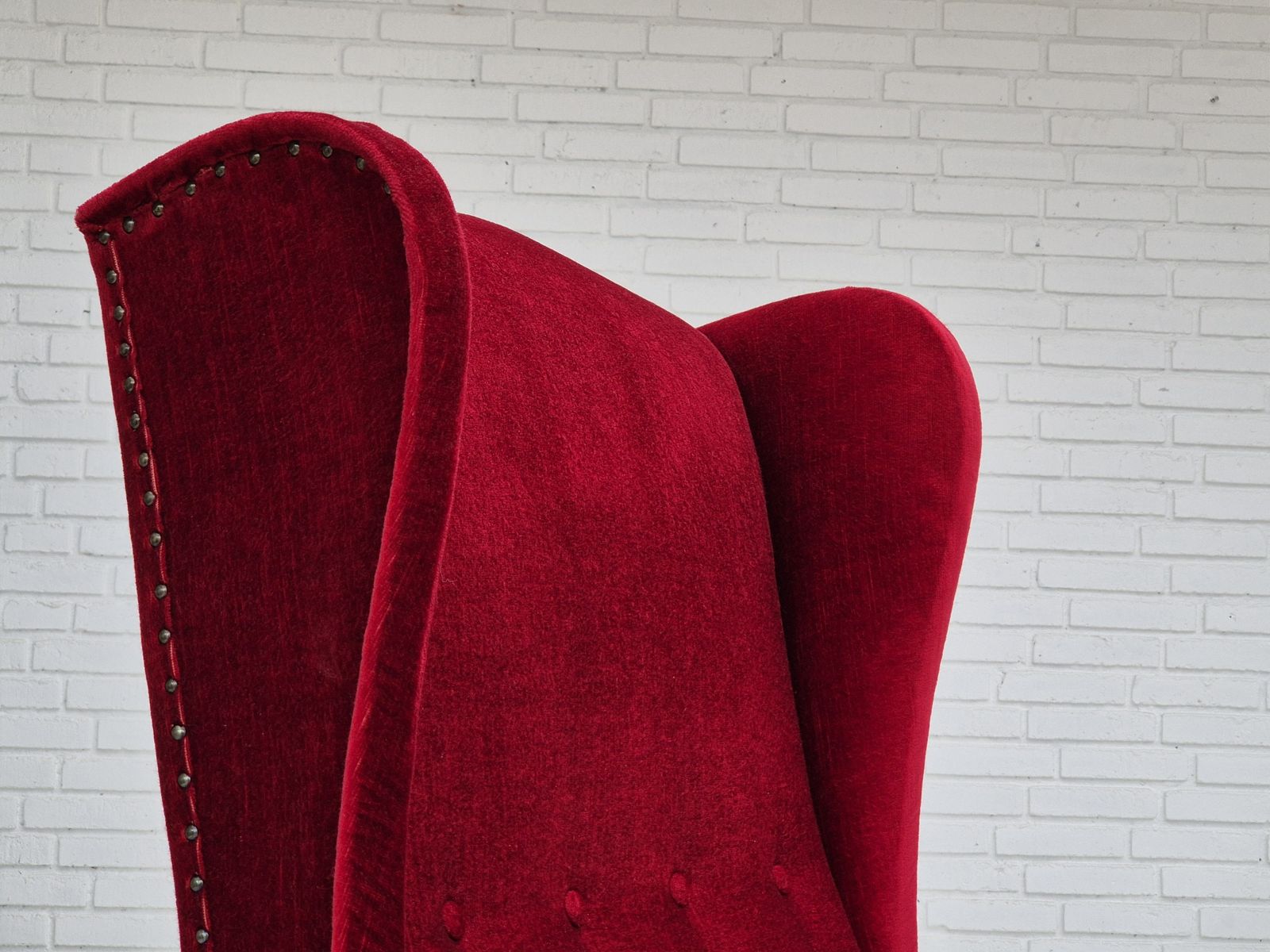 1960s, Danish Wingback Armchair, Original, Furniture Velour, Oak Wood Legs. photo vinterior