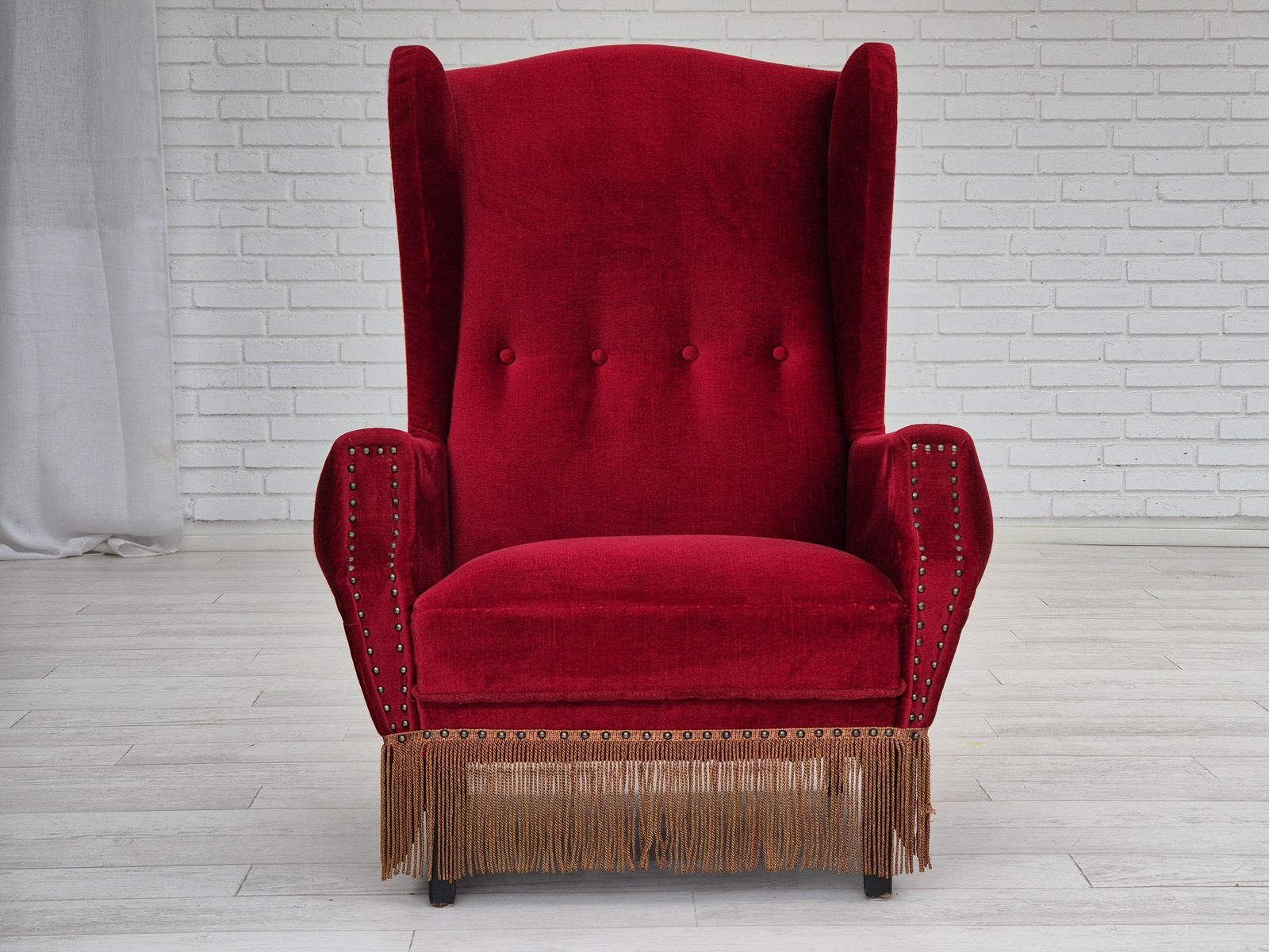 1960s, Danish Wingback Armchair, Original, Furniture Velour, Oak Wood Legs. photo vintage