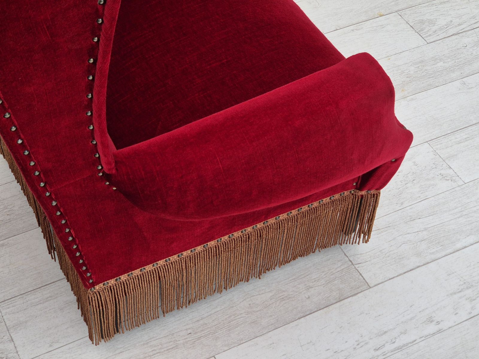 photo furniture 1960s, Danish Wingback Armchair, Original, Furniture Velour, Oak Wood Legs.