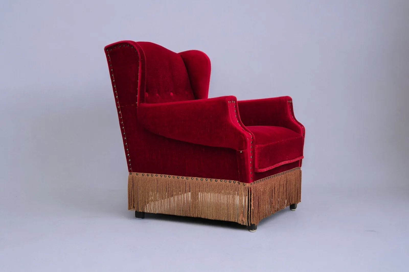 1960s, Danish Lounge Chair, Original, Furniture Velour, Oak Wood Legs.