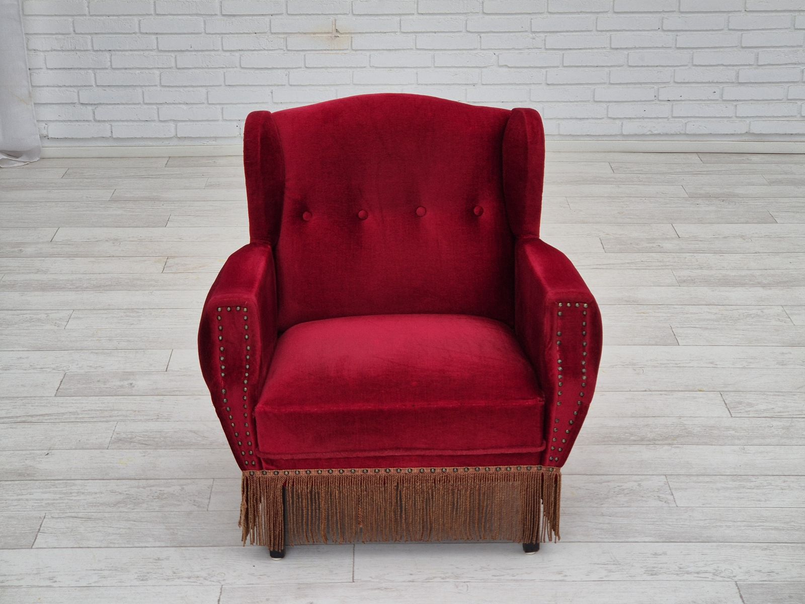 1960s, Danish Lounge Chair, Original, Furniture Velour, Oak Wood Legs. photo 1290.0