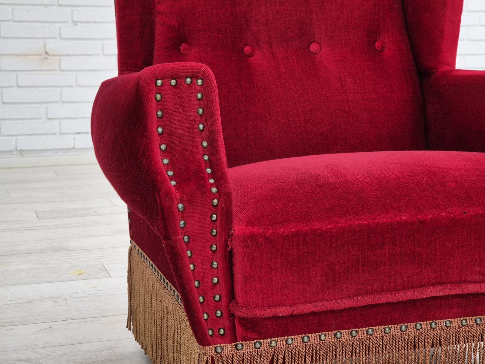 1290.0 1960s, Danish Lounge Chair, Original, Furniture Velour, Oak Wood Legs. photo