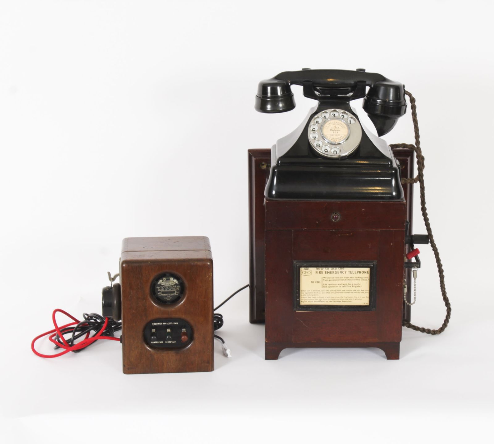 Black Bakelite  Rotary Wall Cradle Telephone & Dictograph C1940s Mid Century