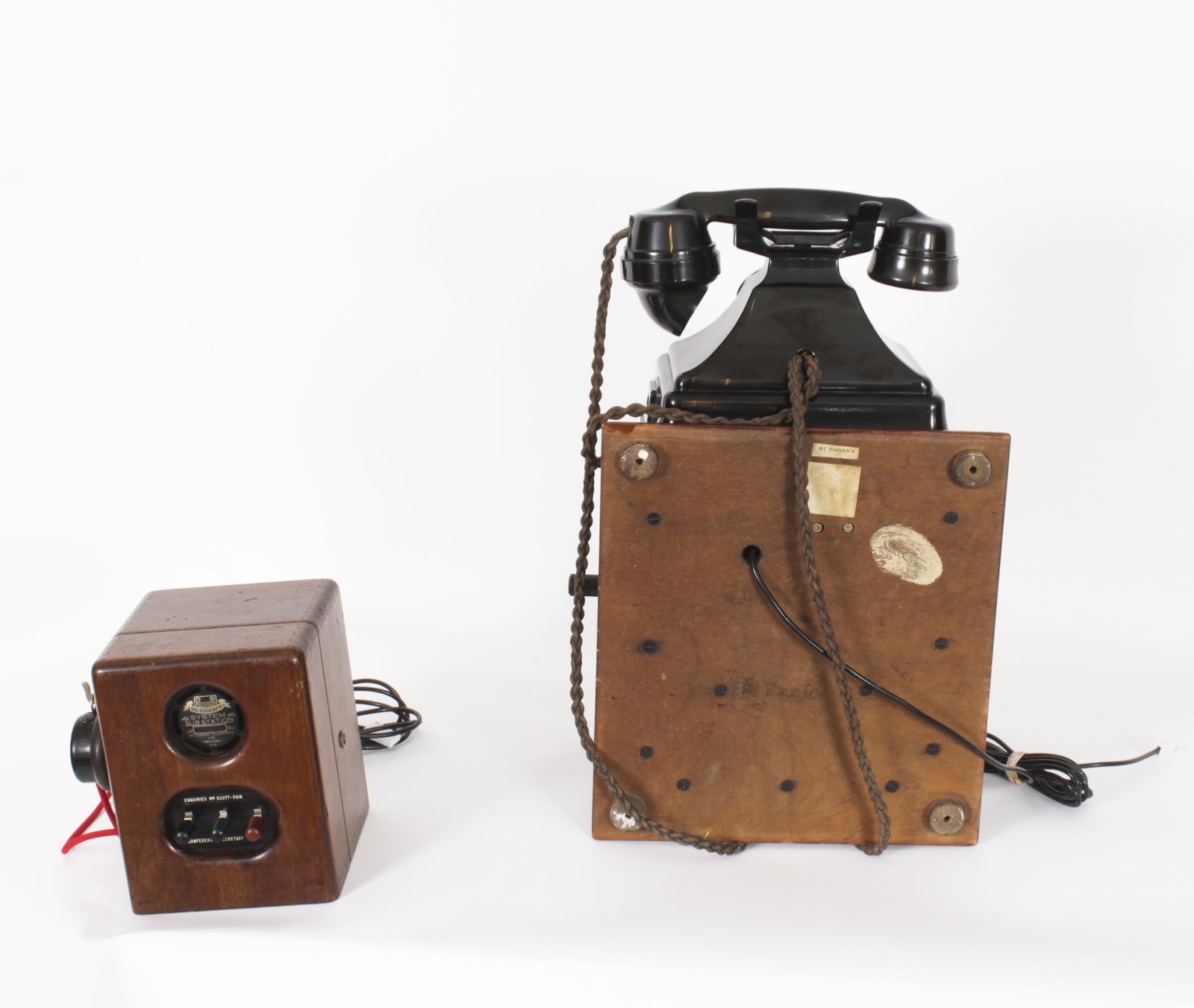 photo furniture Black Bakelite  Rotary Wall Cradle Telephone & Dictograph C1940s Mid Century