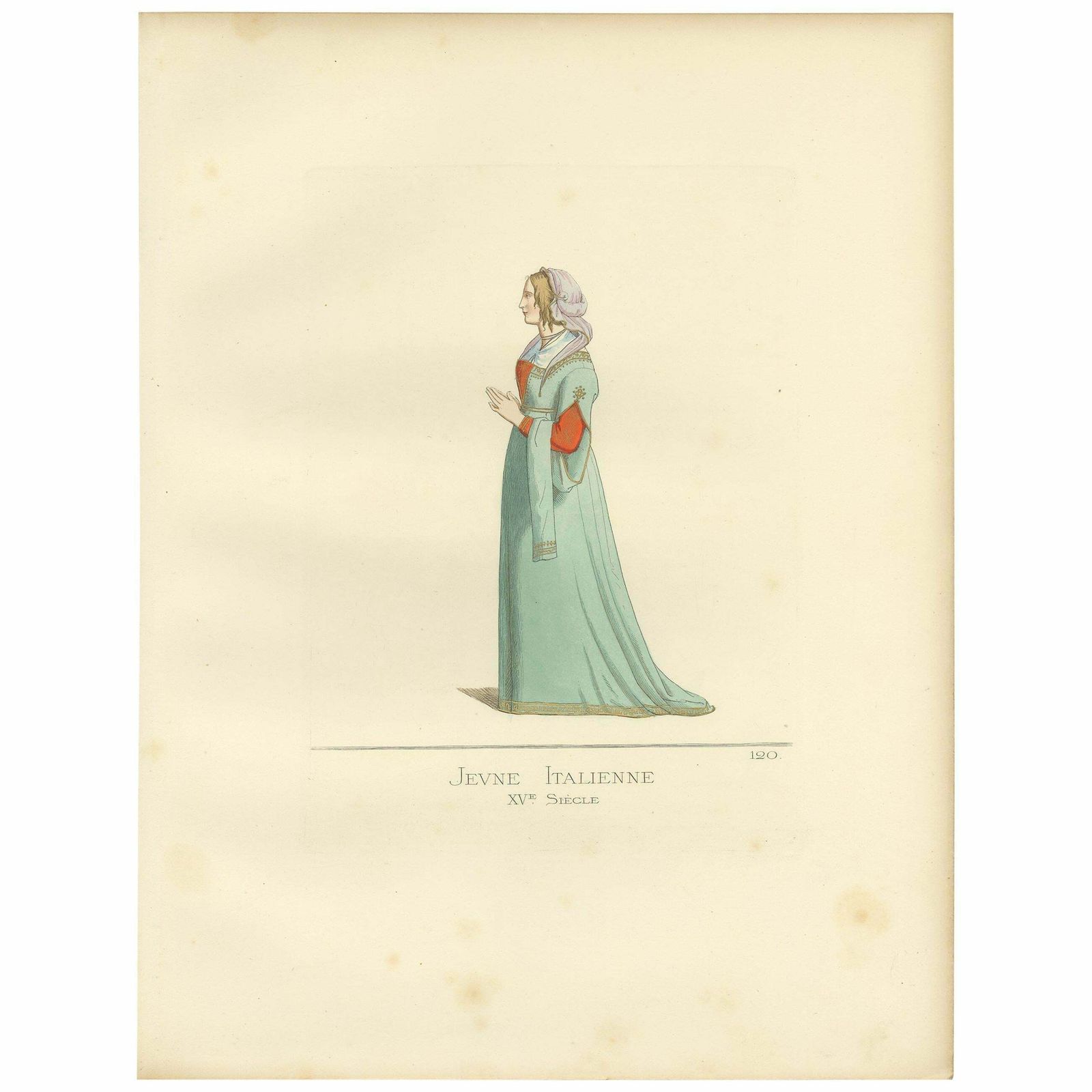 Antique Print Of A Young Italian Woman, 15th Century, By Bonnard, 1860